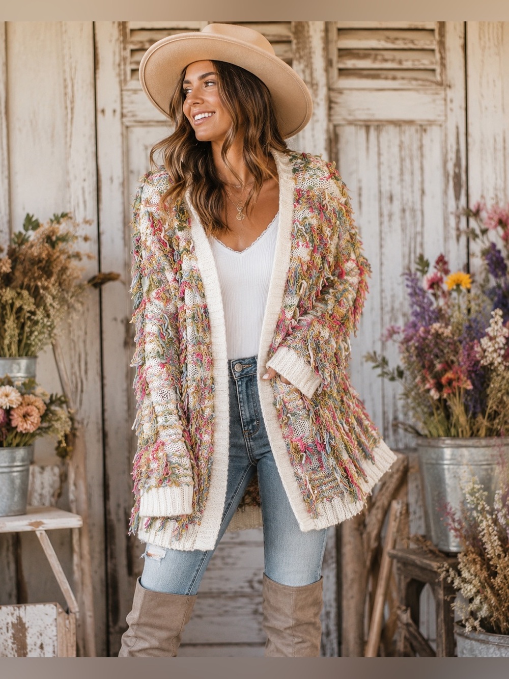 Loveriche Fringe Eyelash Knit Boho Cardigan Sweater Medium Festival Colorful